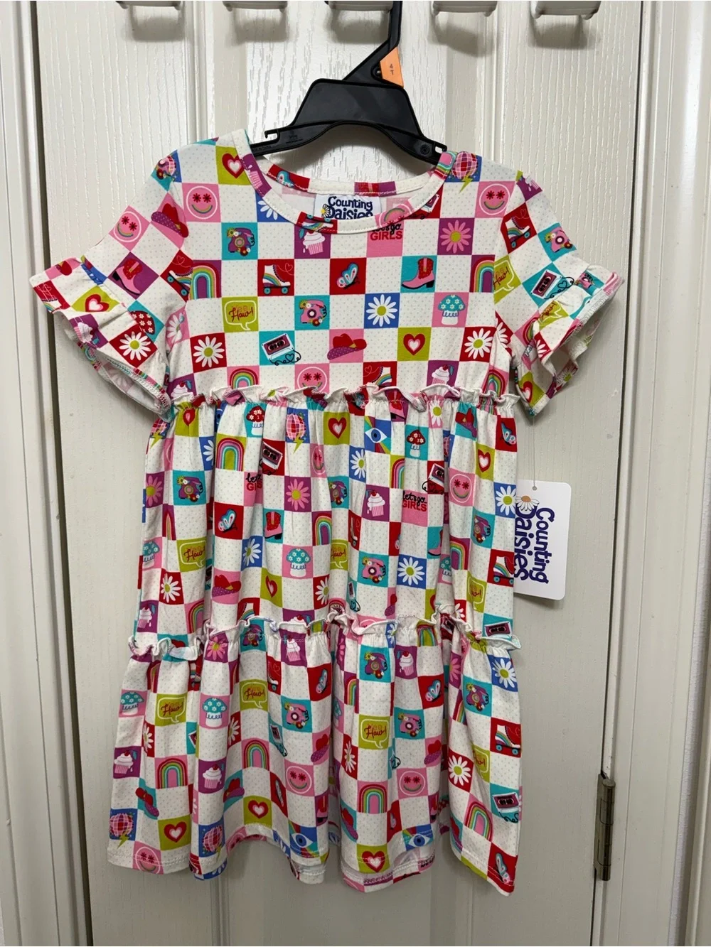 Counting Daisies Girls' Colorful Checkerboard Dress - Pink, Red, White, Blue